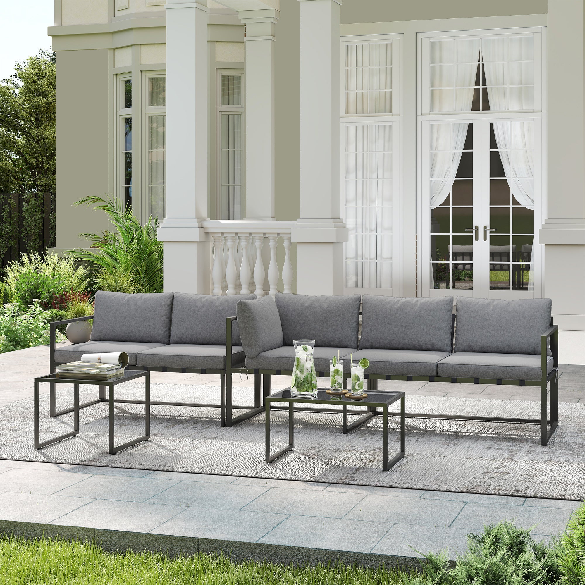Outdoor Corner Garden Lounge 4-Piece Set with 3-Seater Sofa, 2-Seater Sofa, and 2 Nesting Coffee Tables with Tempered Glass, Cushions Included, Garden Patio Furniture, Gray
