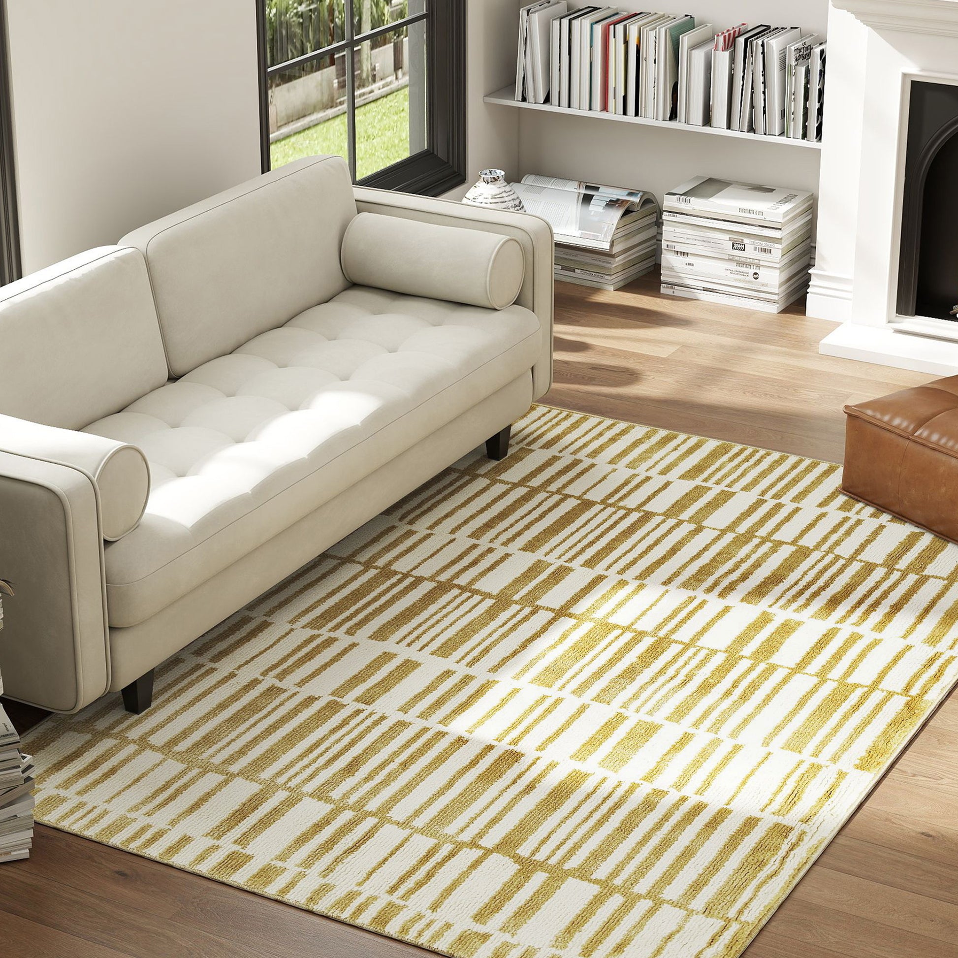 Living Room Rug 170x120 cm Washable Rug in Washing Machine Short Pile Striped Elements Rug for Living Room Bedroom Dining Room Cream
