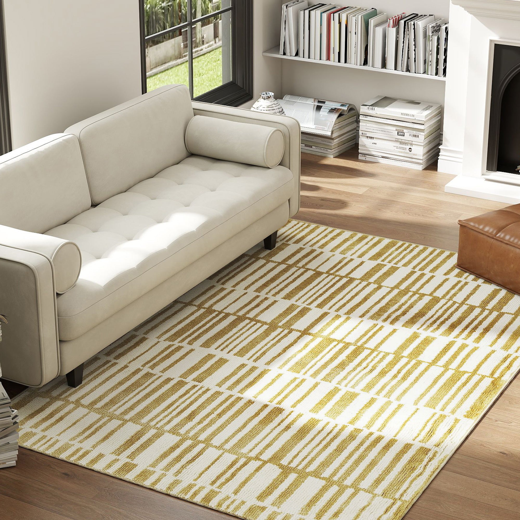 Living Room Rug 170x120 cm Washable Rug in Washing Machine Short Pile Striped Elements Rug for Living Room Bedroom Dining Room Cream