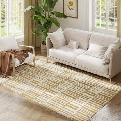 Living Room Rug 170x120 cm Washable Rug in Washing Machine Short Pile Striped Elements Rug for Living Room Bedroom Dining Room Cream