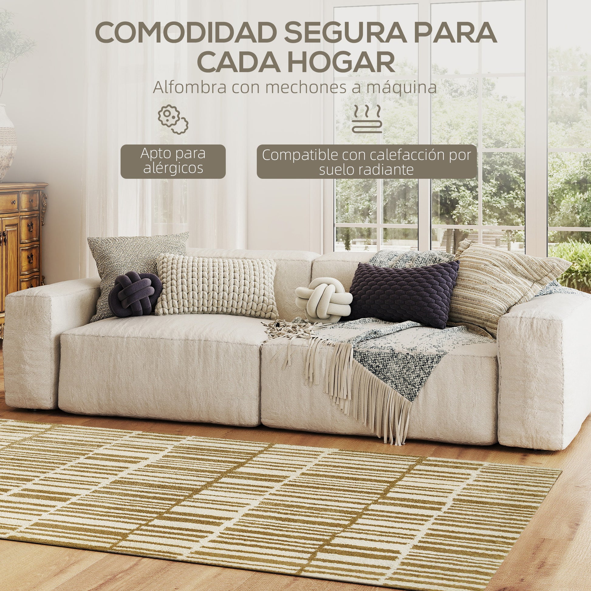 Living Room Rug 170x120 cm Washable Rug in Washing Machine Short Pile Striped Elements Rug for Living Room Bedroom Dining Room Cream