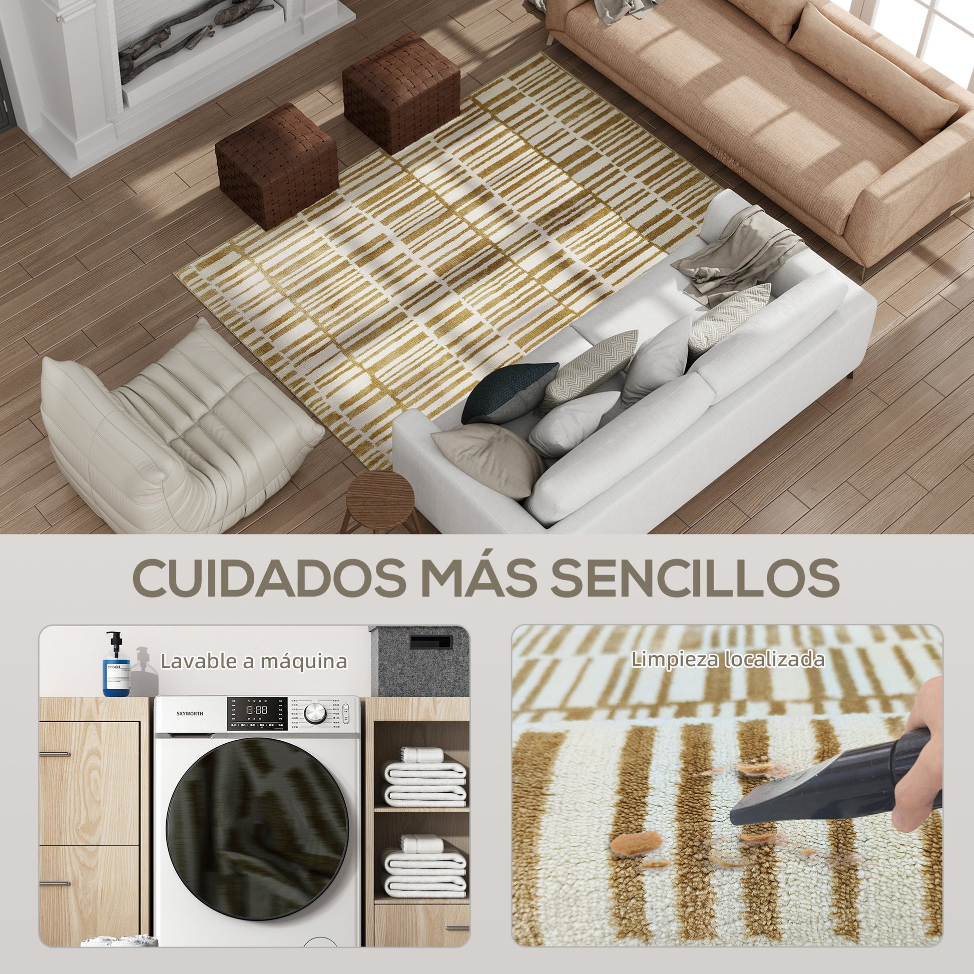 Living Room Rug 170x120 cm Washable Rug in Washing Machine Short Pile Striped Elements Rug for Living Room Bedroom Dining Room Cream