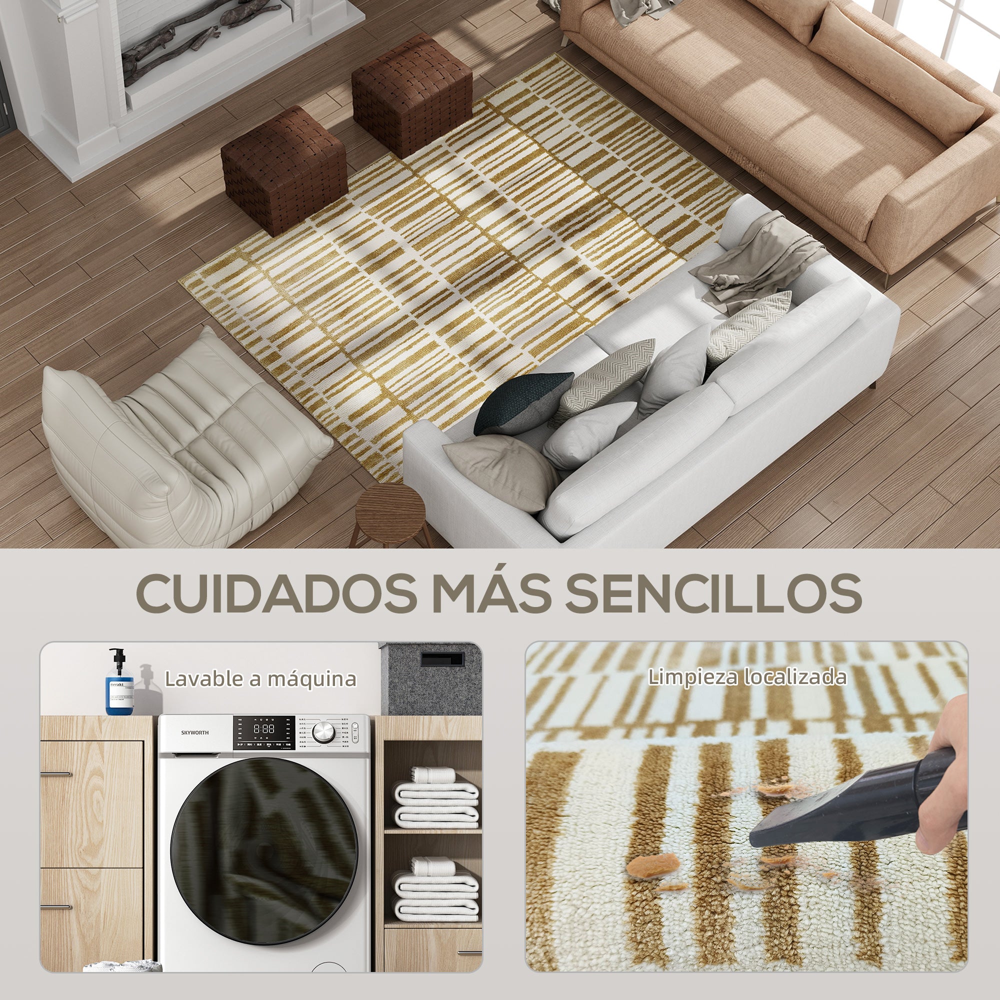 Living Room Rug 170x120 cm Washable Rug in Washing Machine Short Pile Striped Elements Rug for Living Room Bedroom Dining Room Cream