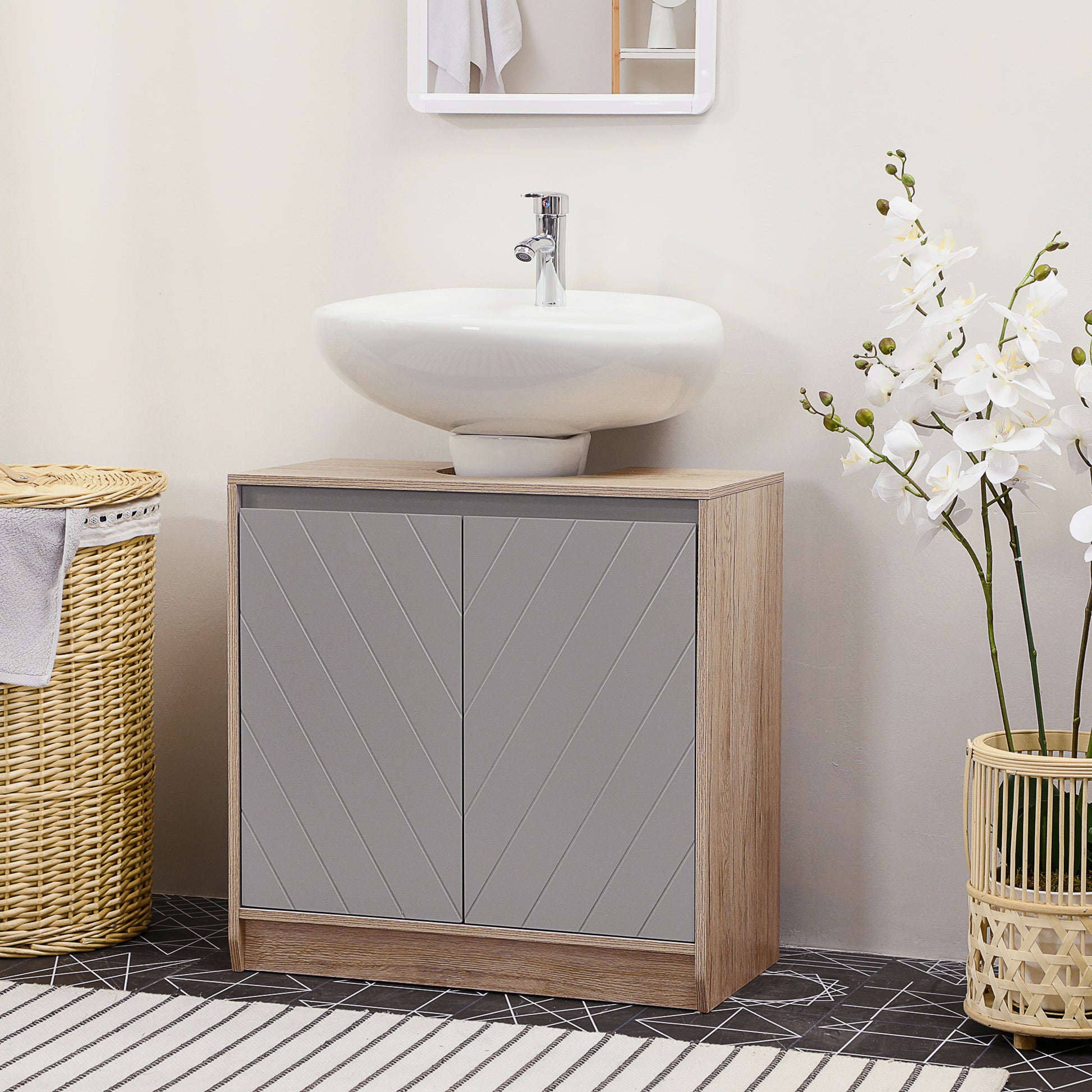Under Sink Bathroom Cabinet Floor Standing Vanity Unit with Double Door and Adjustable Shelf Load 50 kg 60x30x59.8 cm Oak and Gray