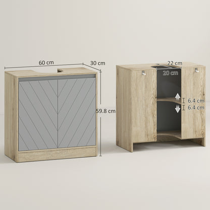 Under Sink Bathroom Cabinet Floor Standing Vanity Unit with Double Door and Adjustable Shelf Load 50 kg 60x30x59.8 cm Oak and Gray