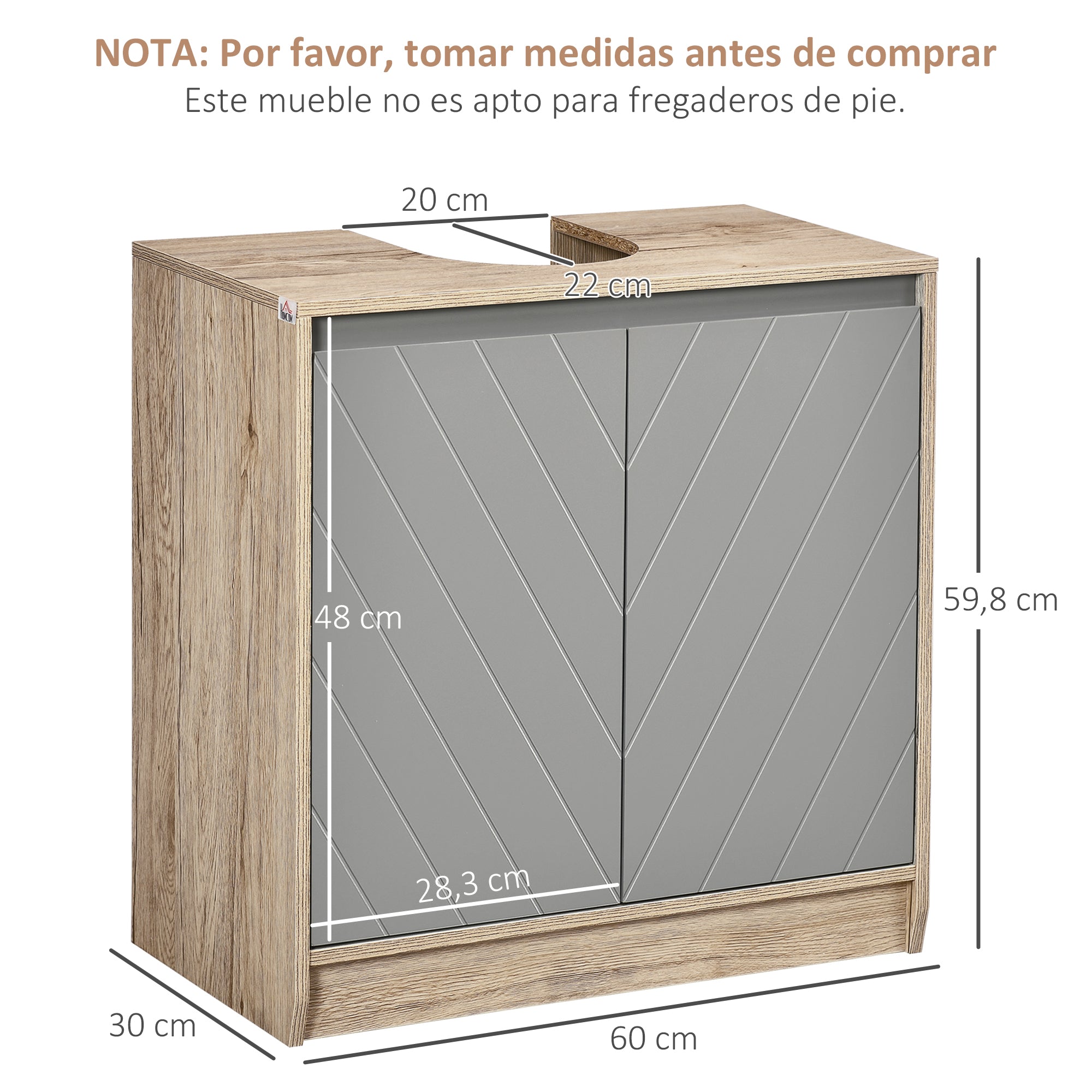 Under Sink Bathroom Cabinet Floor Standing Vanity Unit with Double Door and Adjustable Shelf Load 50 kg 60x30x59.8 cm Oak and Gray
