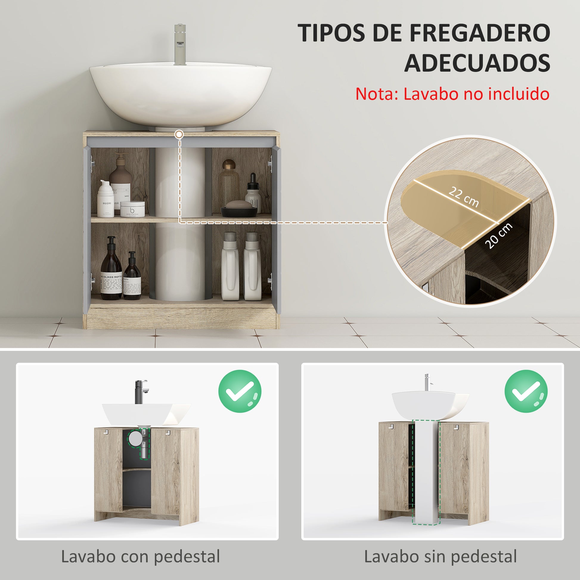 Under Sink Bathroom Cabinet Floor Standing Vanity Unit with Double Door and Adjustable Shelf Load 50 kg 60x30x59.8 cm Oak and Gray
