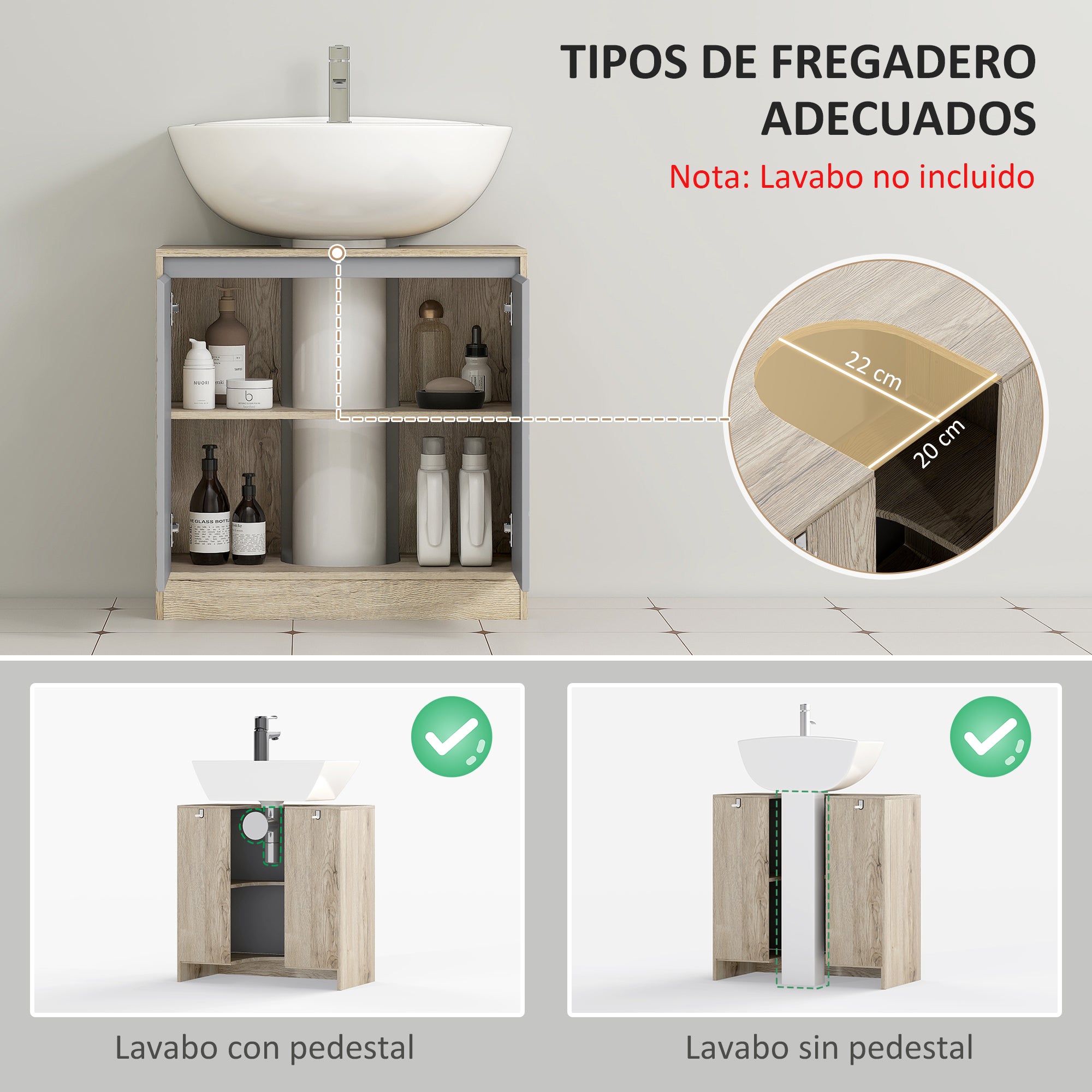 Under Sink Bathroom Cabinet Floor Standing Vanity Unit with Double Door and Adjustable Shelf Load 50 kg 60x30x59.8 cm Oak and Gray