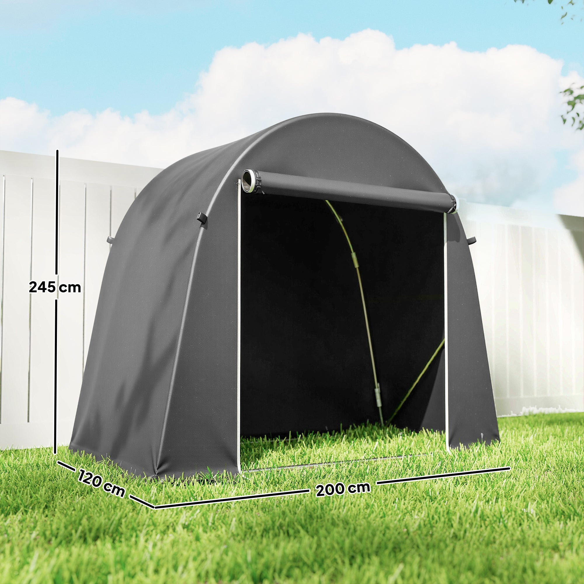 Waterproof Garage Tent 245 x 120 x 200 cm (96.5 x 47.2 x 78.7 in) — Bike Shelter with Roll-Up Zipper Door, Weatherproof Storage Tent, Galvanized Frame, Dark Gray