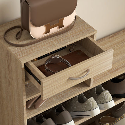 Modern Entryway Furniture Set with Shoe Bench and Mirror, Entryway Hall Tree with 6 Hooks, 2 Adjustable Shelves, and Drawers in Wood for Hallway, 90x24x177 cm, Oak