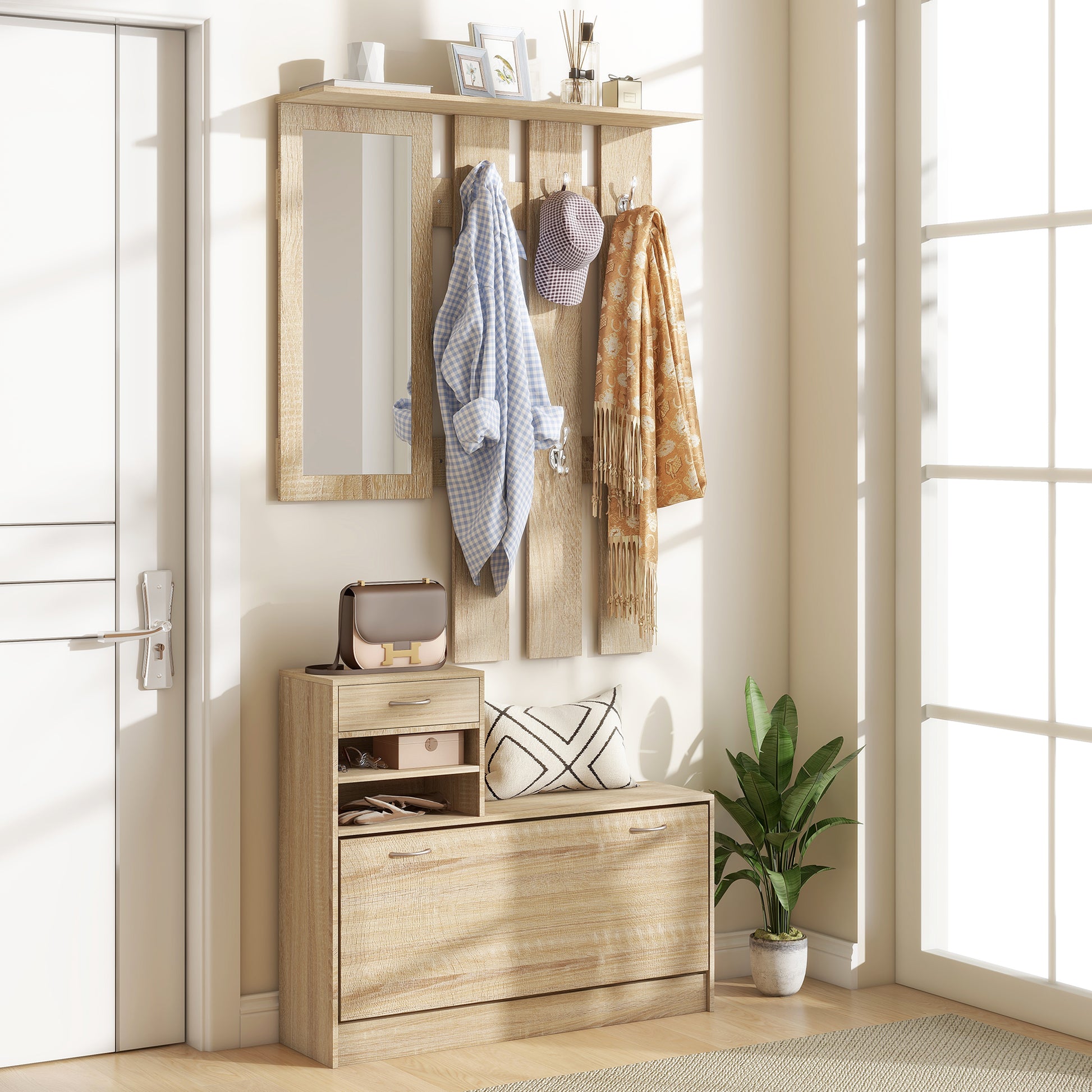 Modern Entryway Furniture Set with Shoe Bench and Mirror, Entryway Hall Tree with 6 Hooks, 2 Adjustable Shelves, and Drawers in Wood for Hallway, 90x24x177 cm, Oak