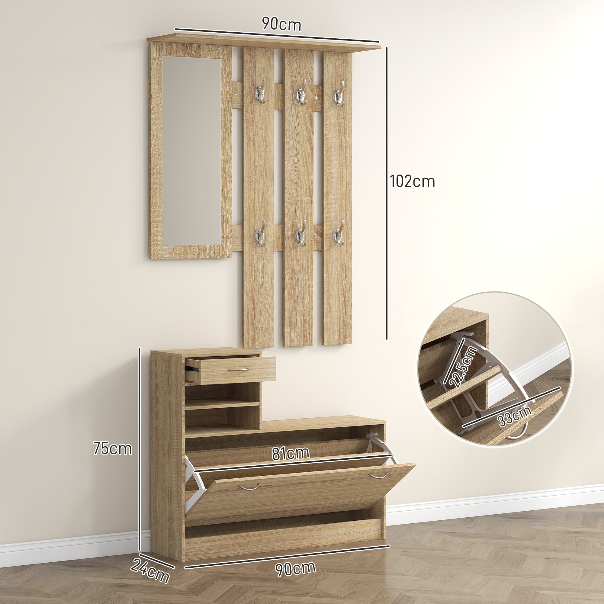 Modern Entryway Furniture Set with Shoe Bench and Mirror, Entryway Hall Tree with 6 Hooks, 2 Adjustable Shelves, and Drawers in Wood for Hallway, 90x24x177 cm, Oak