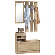 Modern Entryway Furniture Set with Shoe Bench and Mirror, Entryway Hall Tree with 6 Hooks, 2 Adjustable Shelves, and Drawers in Wood for Hallway, 90x24x177 cm, Oak