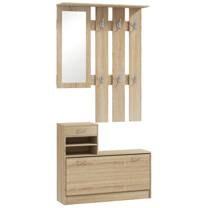 Modern Entryway Furniture Set with Shoe Bench and Mirror, Entryway Hall Tree with 6 Hooks, 2 Adjustable Shelves, and Drawers in Wood for Hallway, 90x24x177 cm, Oak