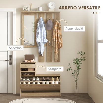 Modern Entryway Furniture Set with Shoe Bench and Mirror, Entryway Hall Tree with 6 Hooks, 2 Adjustable Shelves, and Drawers in Wood for Hallway, 90x24x177 cm, Oak