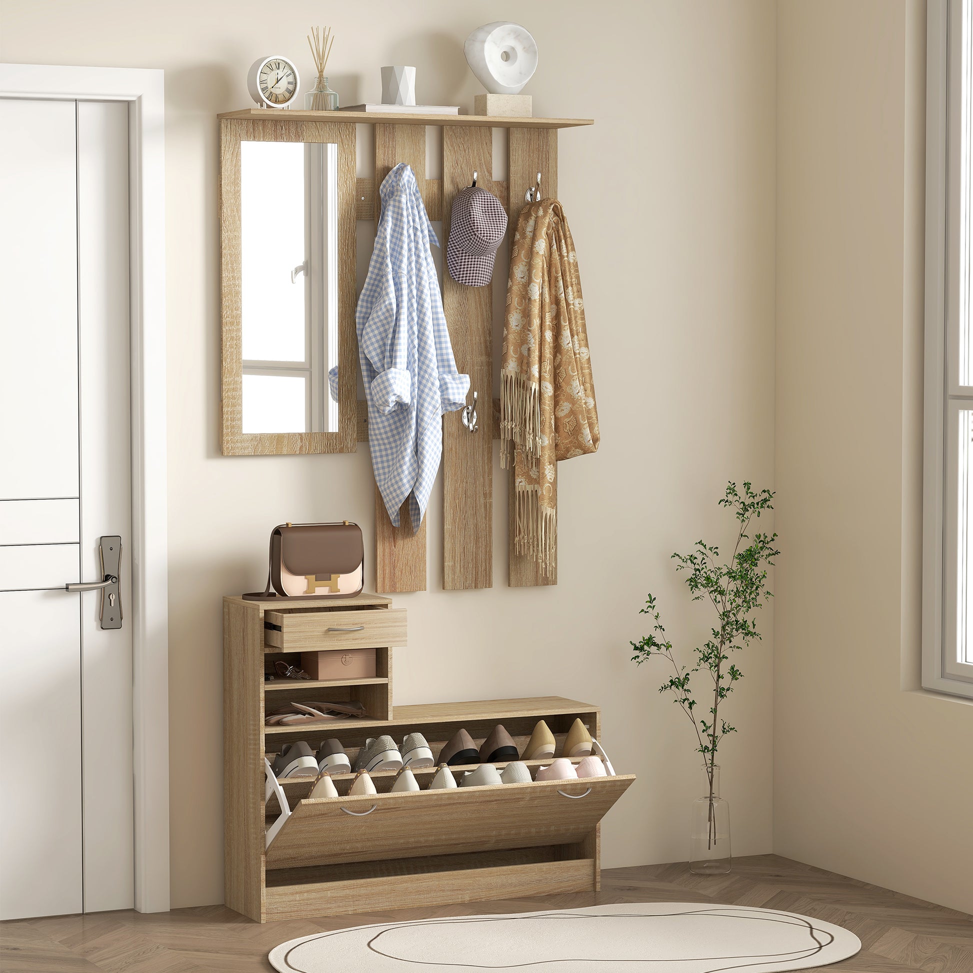 Modern Entryway Furniture Set with Shoe Bench and Mirror, Entryway Hall Tree with 6 Hooks, 2 Adjustable Shelves, and Drawers in Wood for Hallway, 90x24x177 cm, Oak