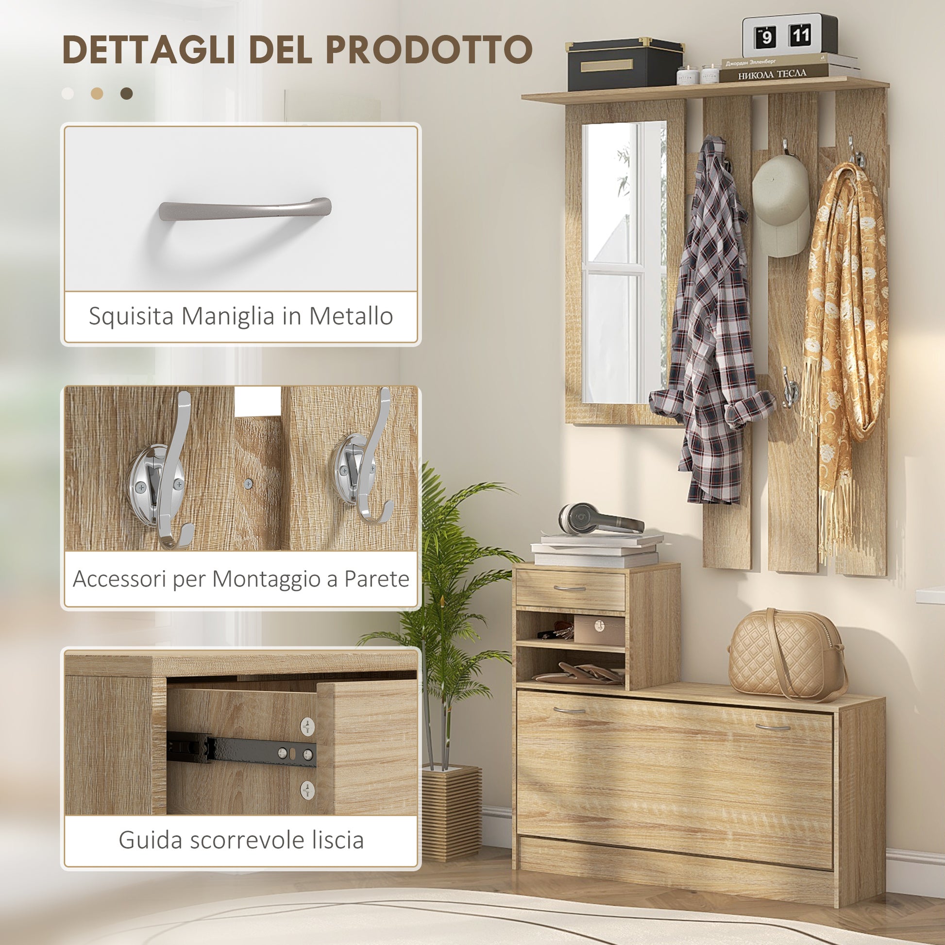 Modern Entryway Furniture Set with Shoe Bench and Mirror, Entryway Hall Tree with 6 Hooks, 2 Adjustable Shelves, and Drawers in Wood for Hallway, 90x24x177 cm, Oak