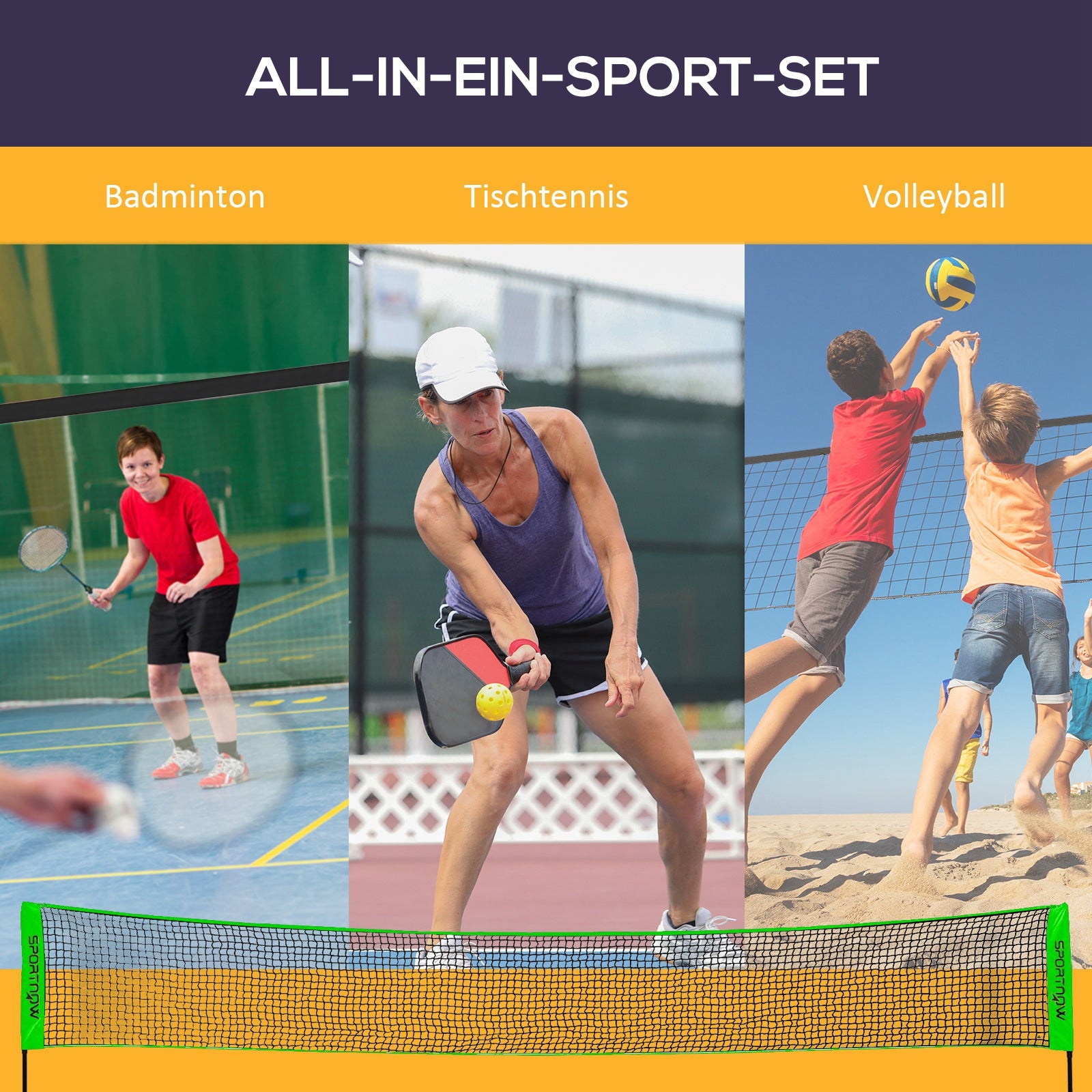 SPORTNOW Badminton Set, Badminton Net with Stand, Shuttlecocks, 4 Rackets, Adjustable Volleyball Net, with Carry Bag, for Indoor, Outdoor
