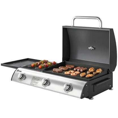 7.5 kW Portable Tabletop Gas Grill — 3 Burners, Griddle, Side Shelf, Enamel Grates, Removable Grease Tray & Thermometer — Ideal for Garden, Balcony & Picnics