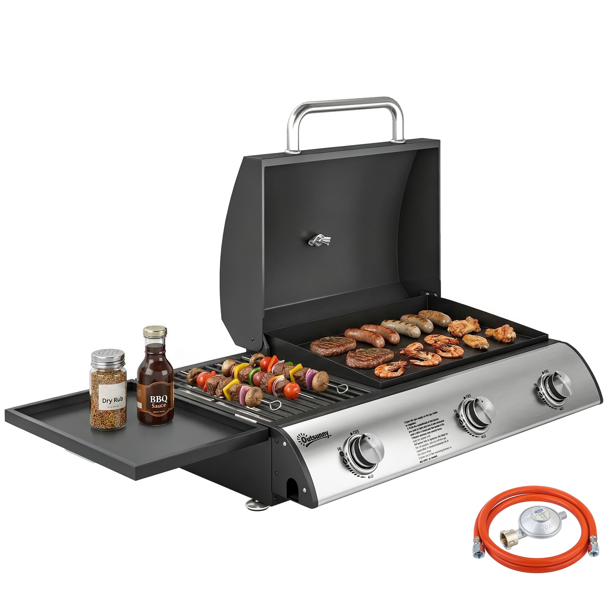 7.5 kW Portable Tabletop Gas Grill — 3 Burners, Griddle, Side Shelf, Enamel Grates, Removable Grease Tray & Thermometer — Ideal for Garden, Balcony & Picnics