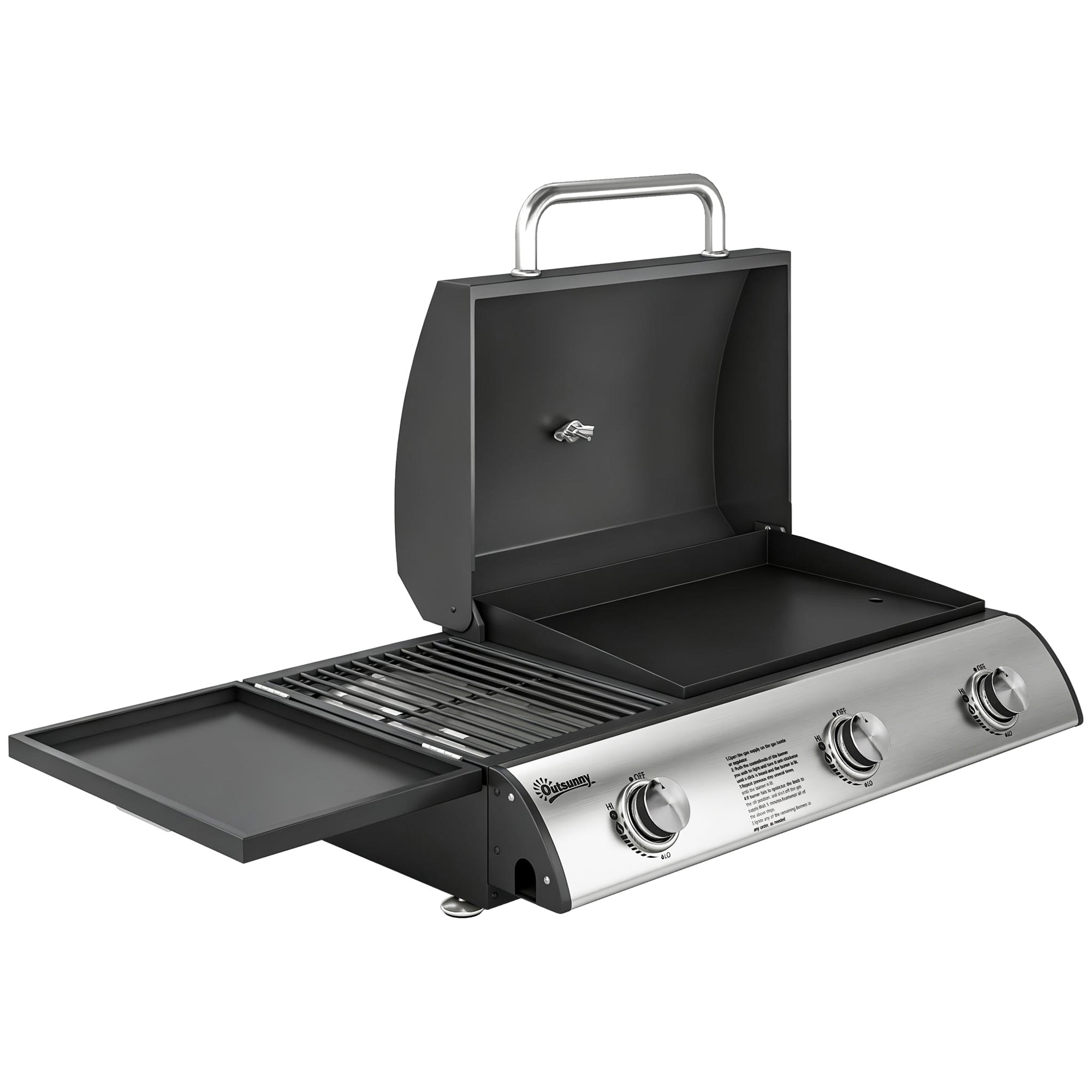 7.5 kW Portable Tabletop Gas Grill — 3 Burners, Griddle, Side Shelf, Enamel Grates, Removable Grease Tray & Thermometer — Ideal for Garden, Balcony & Picnics