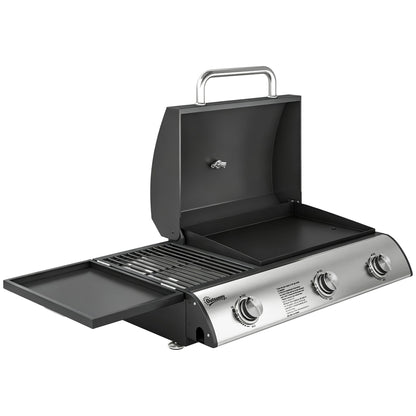 7.5 kW Portable Tabletop Gas Grill — 3 Burners, Griddle, Side Shelf, Enamel Grates, Removable Grease Tray & Thermometer — Ideal for Garden, Balcony & Picnics