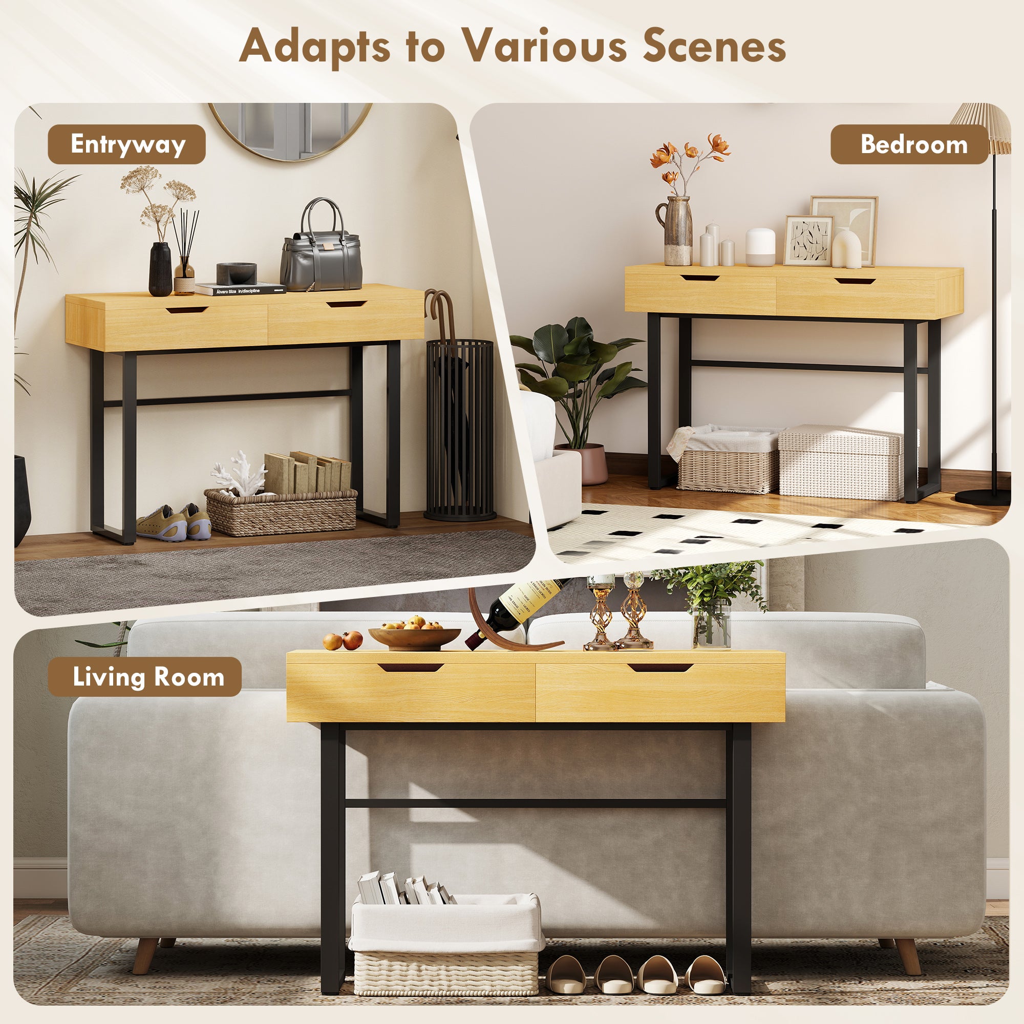 Narrow Console Table with 2 Drawers, Industrial Metal Frame, Natural – 110 × 35 × 76.5 cm (43.3″ × 13.8″ × 30.1″)