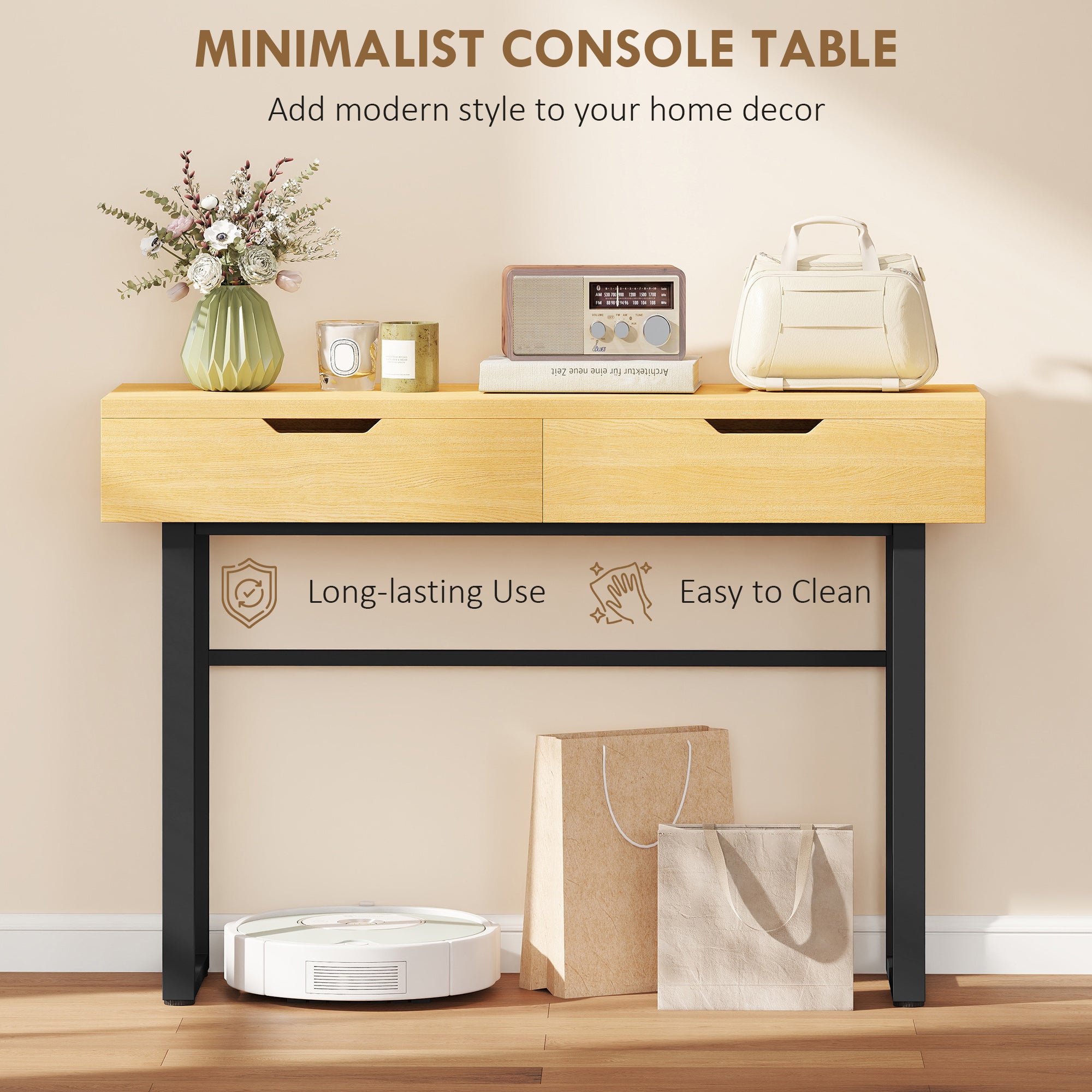 Narrow Console Table with 2 Drawers, Industrial Metal Frame, Natural – 110 × 35 × 76.5 cm (43.3″ × 13.8″ × 30.1″)