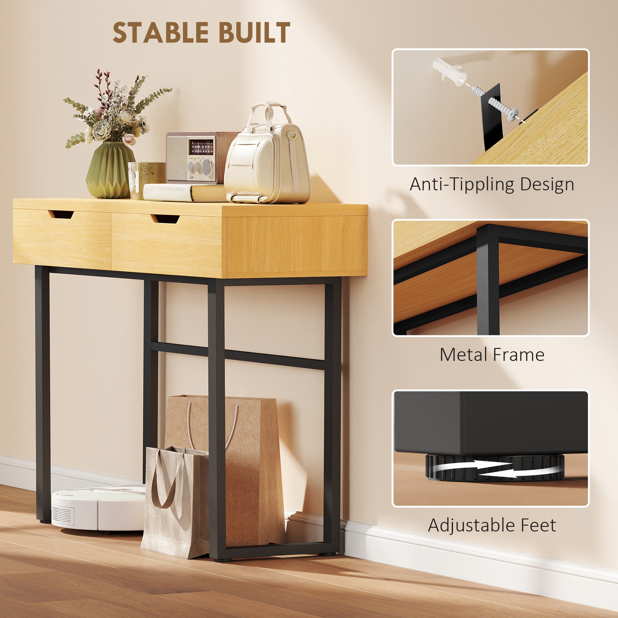 Narrow Console Table with 2 Drawers, Industrial Metal Frame, Natural – 110 × 35 × 76.5 cm (43.3″ × 13.8″ × 30.1″)