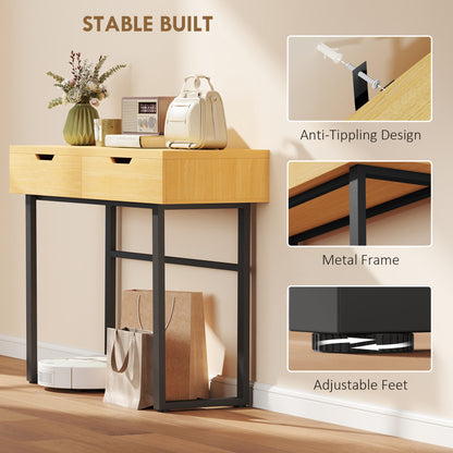 Narrow Console Table with 2 Drawers, Industrial Metal Frame, Natural – 110 × 35 × 76.5 cm (43.3″ × 13.8″ × 30.1″)