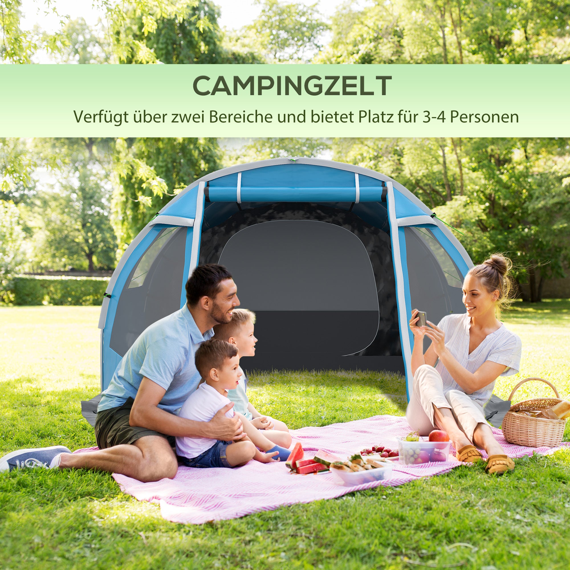 Camping Tent for 4 Persons Lightweight, Stable Waterproof Family Tent with Door Window, Carry Bag, Tunnel Tent with 2000mm Water Column Tent for Camping Travel Trekking Garden