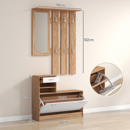 3-in-1 Entrance Furniture Set with Coat Rack Panel, Mirror, and Shoe Bench - 6 Hooks and Adjustable Shelf, Walnut and White