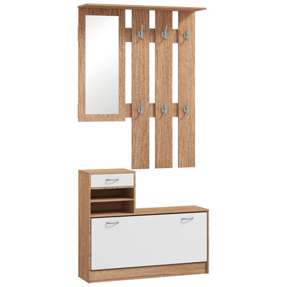 3-in-1 Entrance Furniture Set with Coat Rack Panel, Mirror, and Shoe Bench - 6 Hooks and Adjustable Shelf, Walnut and White