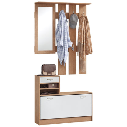 3-in-1 Entrance Furniture Set with Coat Rack Panel, Mirror, and Shoe Bench - 6 Hooks and Adjustable Shelf, Walnut and White