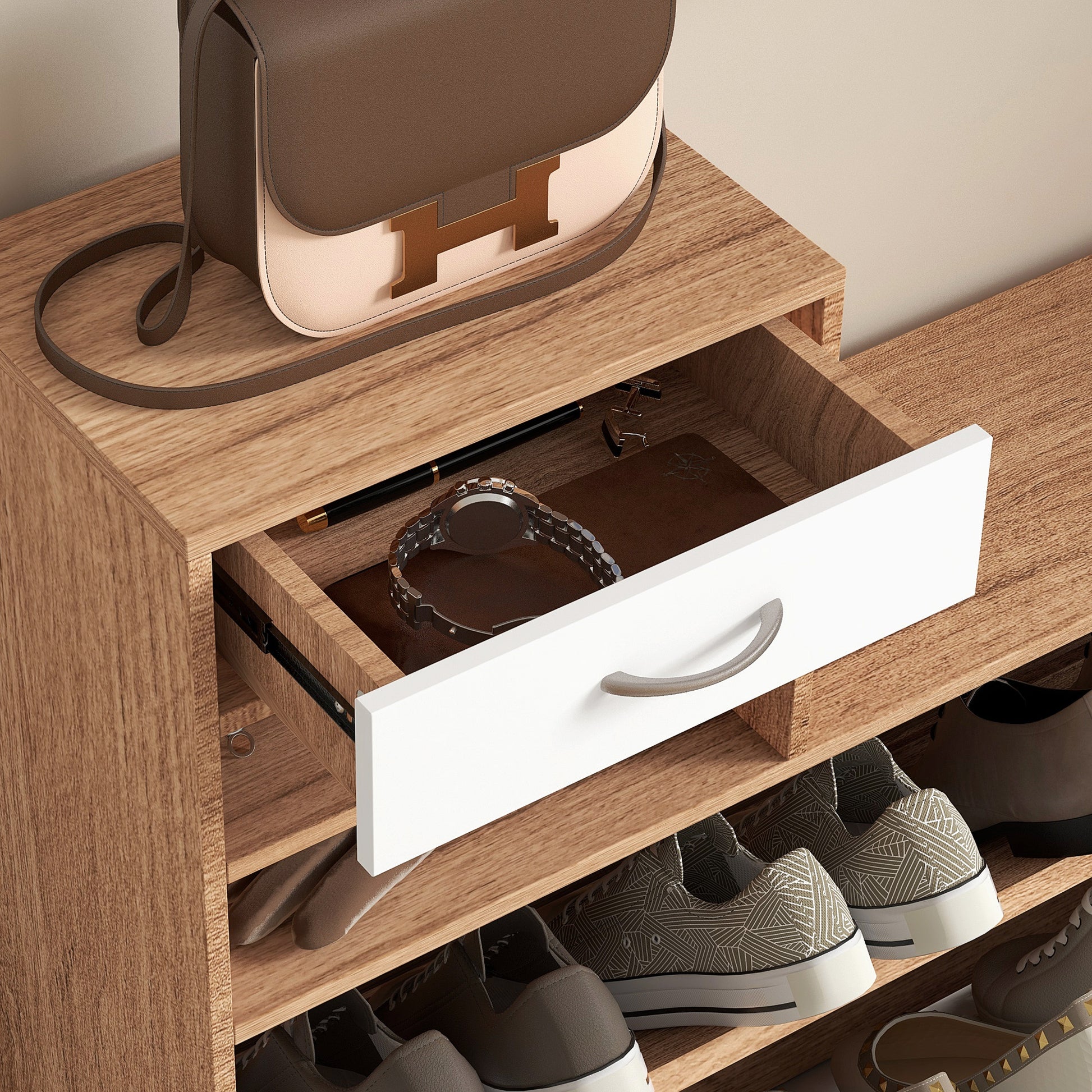 3-in-1 Entrance Furniture Set with Coat Rack Panel, Mirror, and Shoe Bench - 6 Hooks and Adjustable Shelf, Walnut and White