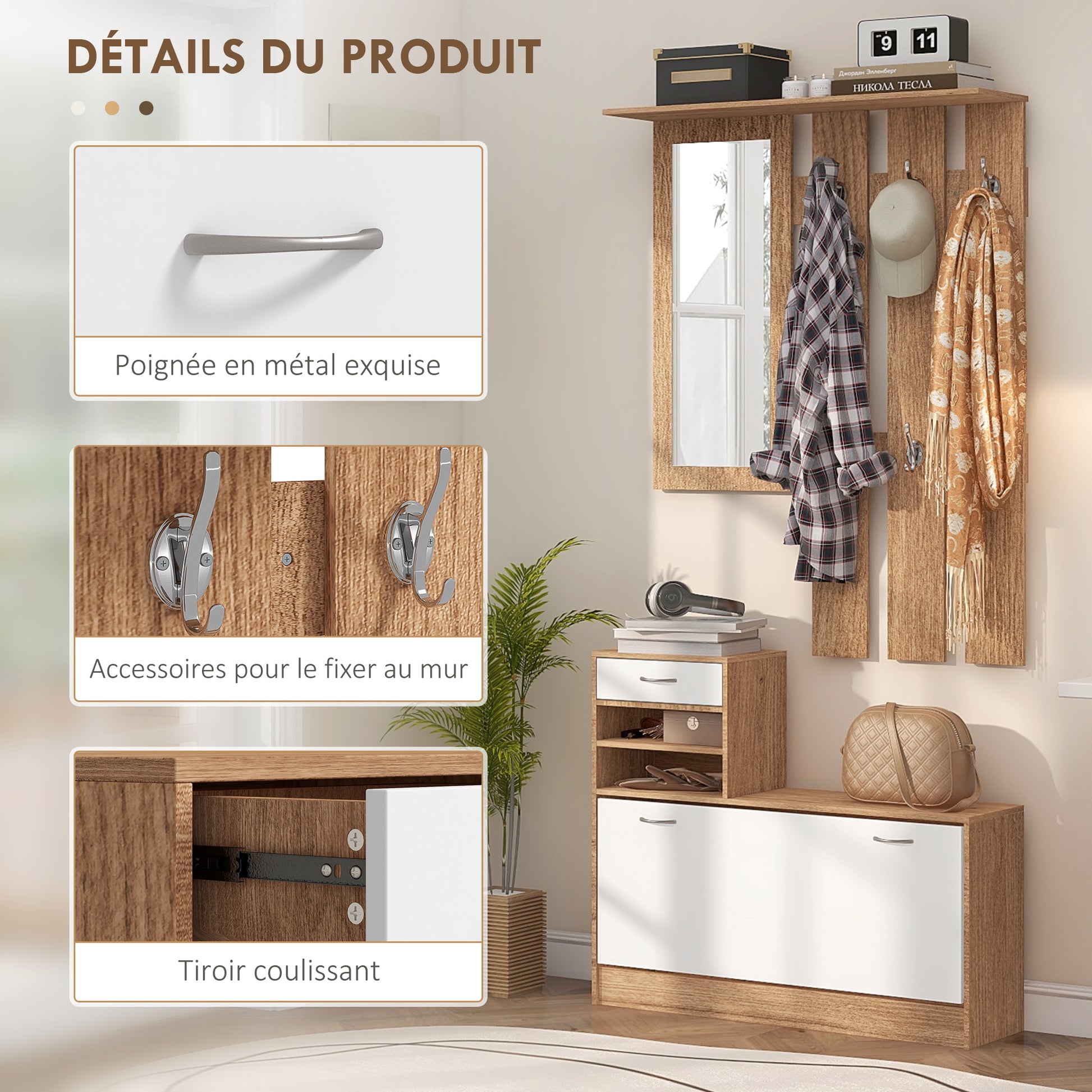 3-in-1 Entrance Furniture Set with Coat Rack Panel, Mirror, and Shoe Bench - 6 Hooks and Adjustable Shelf, Walnut and White