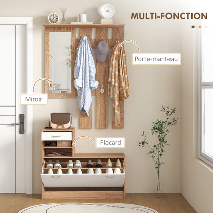3-in-1 Entrance Furniture Set with Coat Rack Panel, Mirror, and Shoe Bench - 6 Hooks and Adjustable Shelf, Walnut and White