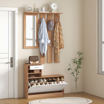 3-in-1 Entrance Furniture Set with Coat Rack Panel, Mirror, and Shoe Bench - 6 Hooks and Adjustable Shelf, Walnut and White