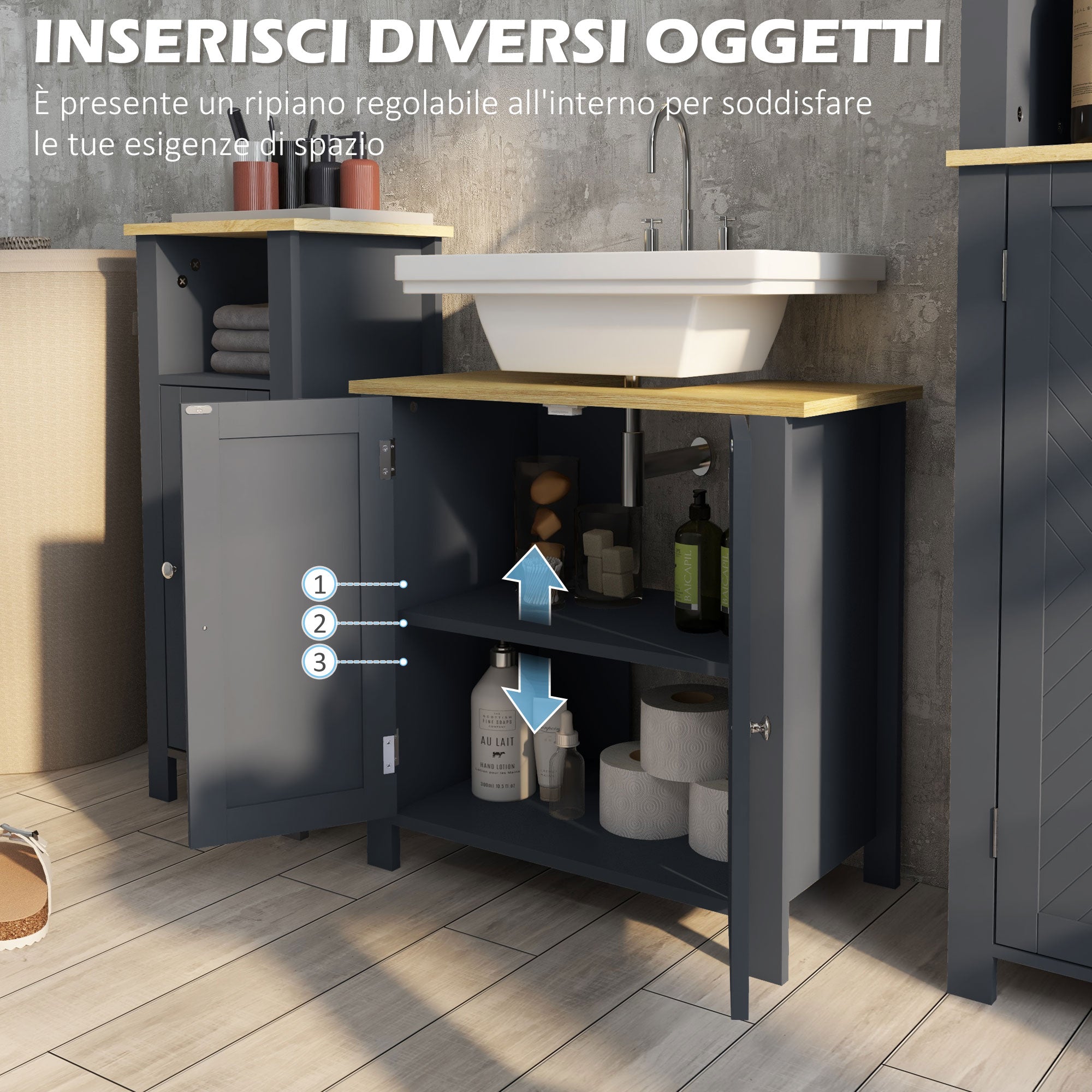 Under Sink Cabinet in Chipboard and MDF with 2 Doors and Adjustable Internal Shelf, Water Resistant, 60x30x60 cm, Dark Grey