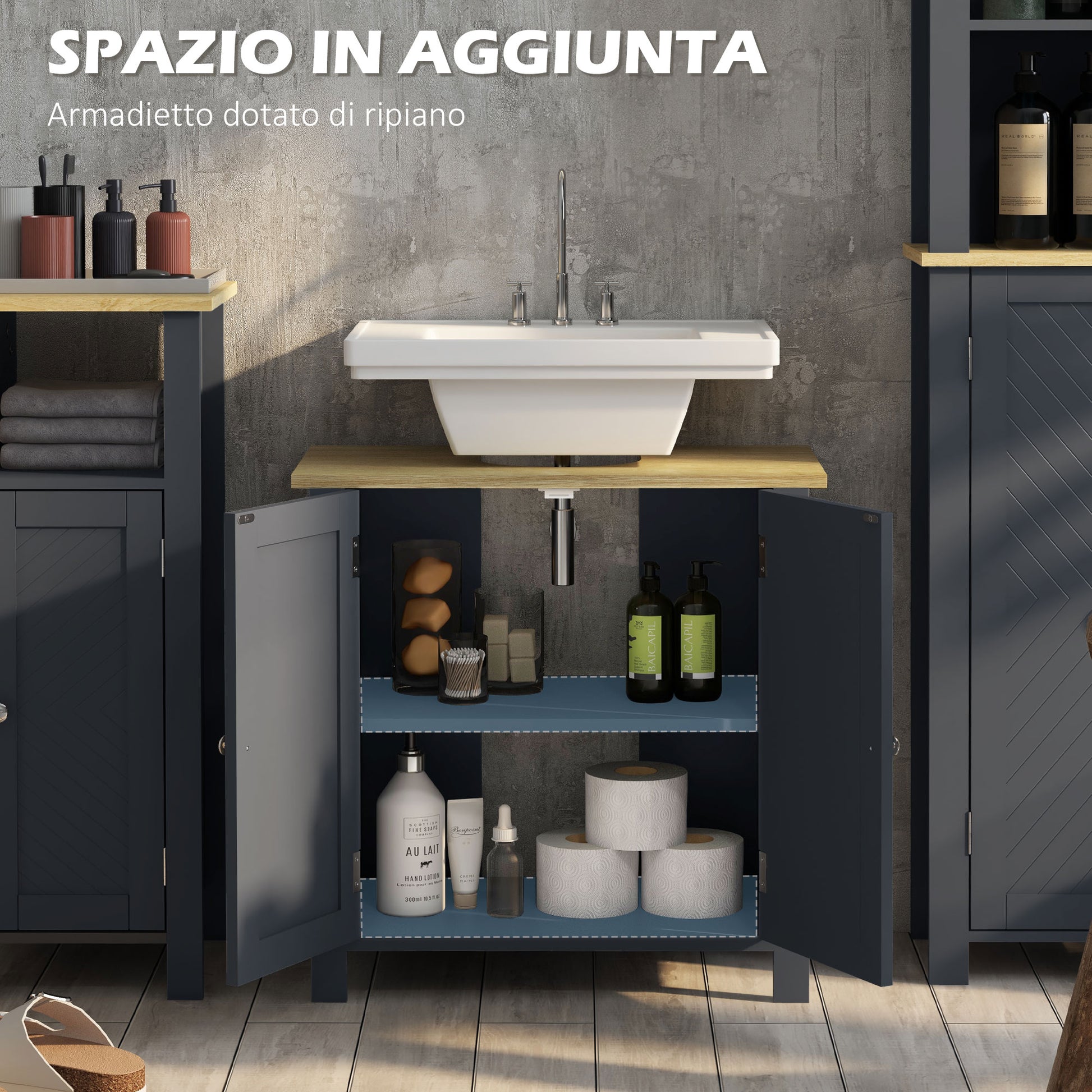 Under Sink Cabinet in Chipboard and MDF with 2 Doors and Adjustable Internal Shelf, Water Resistant, 60x30x60 cm, Dark Grey