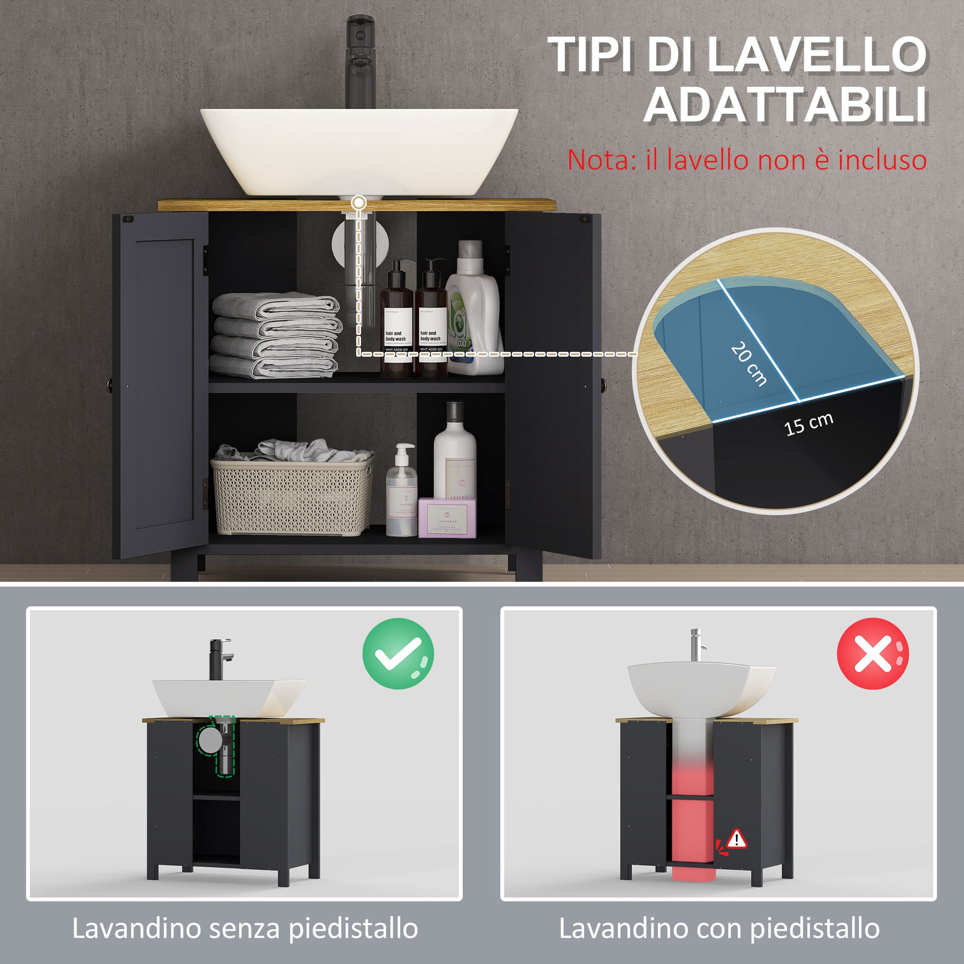 Under Sink Cabinet in Chipboard and MDF with 2 Doors and Adjustable Internal Shelf, Water Resistant, 60x30x60 cm, Dark Grey