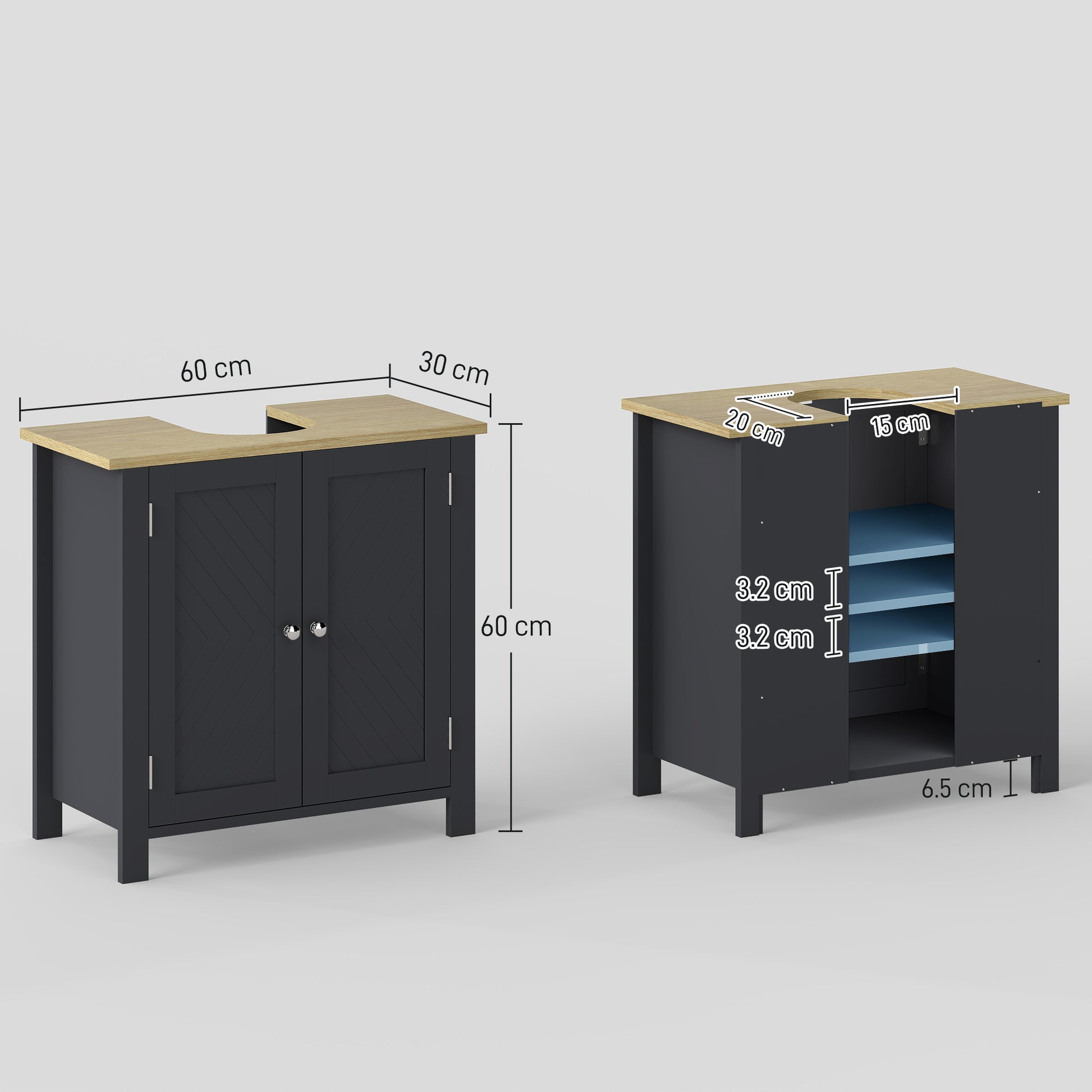 Under Sink Cabinet in Chipboard and MDF with 2 Doors and Adjustable Internal Shelf, Water Resistant, 60x30x60 cm, Dark Grey