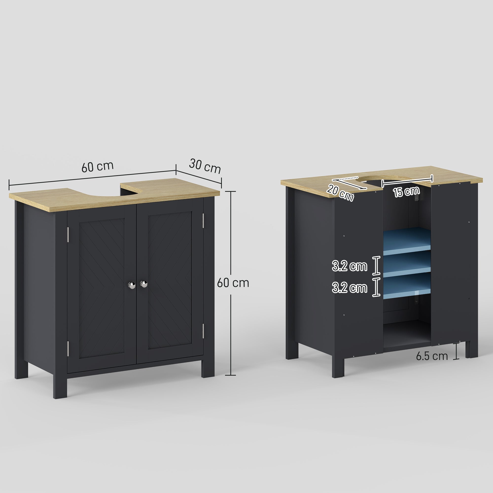 Under Sink Cabinet in Chipboard and MDF with 2 Doors and Adjustable Internal Shelf, Water Resistant, 60x30x60 cm, Dark Grey