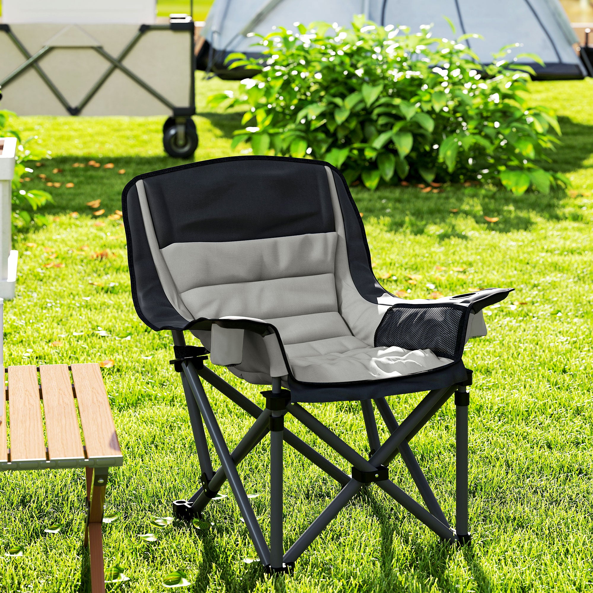 Folding Camping Chair, Portable Fishing Chair, Padded Seat, Cup Holders, Side Pockets, and Carry Bag, Folding Armchair for Hiking, Fishing, Beach, and Picnic, Black