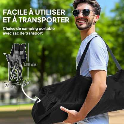 Folding Camping Chair, Portable Fishing Chair, Padded Seat, Cup Holders, Side Pockets, and Carry Bag, Folding Armchair for Hiking, Fishing, Beach, and Picnic, Black