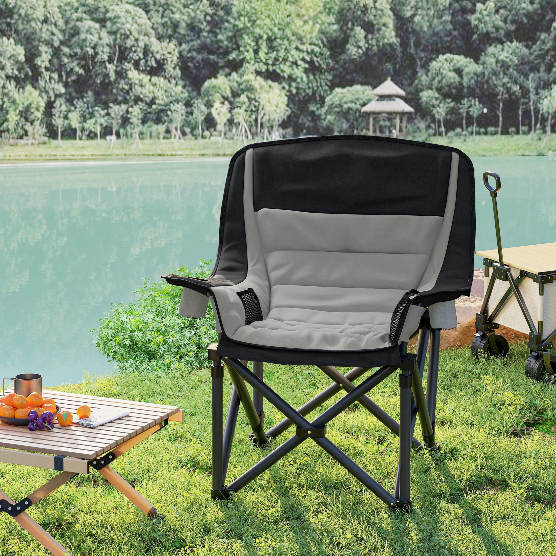 Folding Camping Chair, Portable Fishing Chair, Padded Seat, Cup Holders, Side Pockets, and Carry Bag, Folding Armchair for Hiking, Fishing, Beach, and Picnic, Black