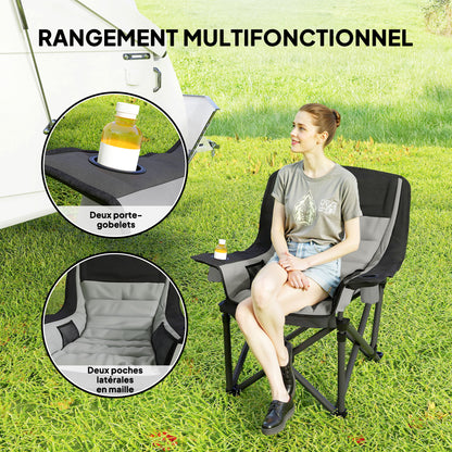 Folding Camping Chair, Portable Fishing Chair, Padded Seat, Cup Holders, Side Pockets, and Carry Bag, Folding Armchair for Hiking, Fishing, Beach, and Picnic, Black