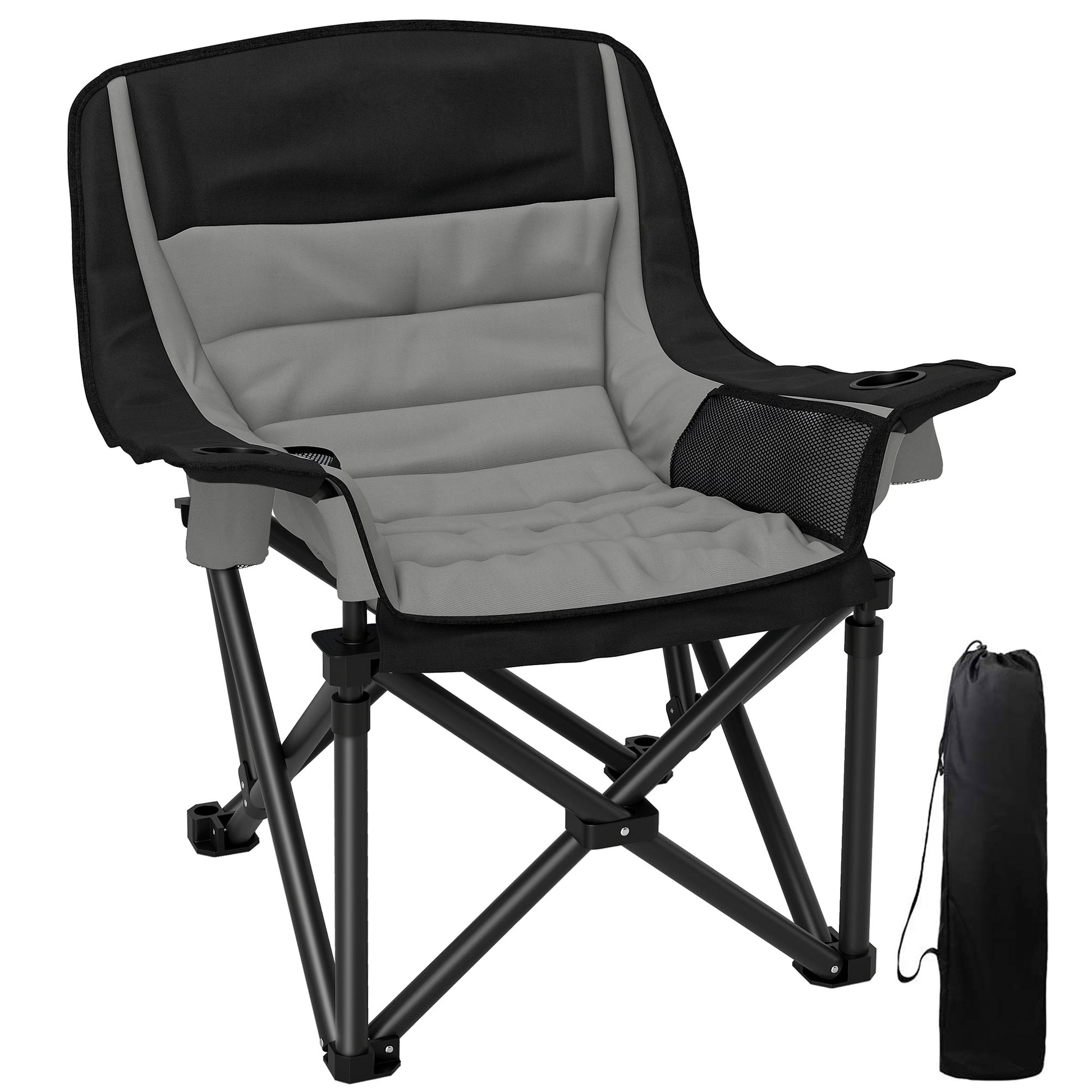 Folding Camping Chair, Portable Fishing Chair, Padded Seat, Cup Holders, Side Pockets, and Carry Bag, Folding Armchair for Hiking, Fishing, Beach, and Picnic, Black