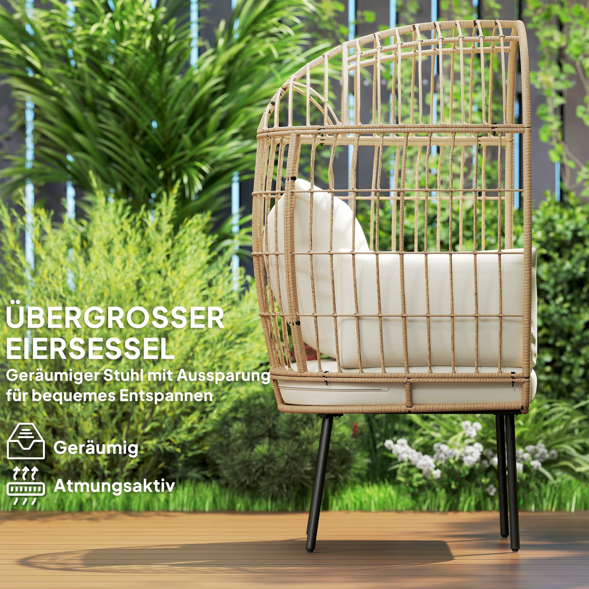 Rattan Chair Egg-Shaped with Removable Cushion, Upholstery, Oversized Outdoor Chair made of Rattan, Weatherproof Wicker Chair Garden Chair for Garden Balcony, Porch, Patio Beige