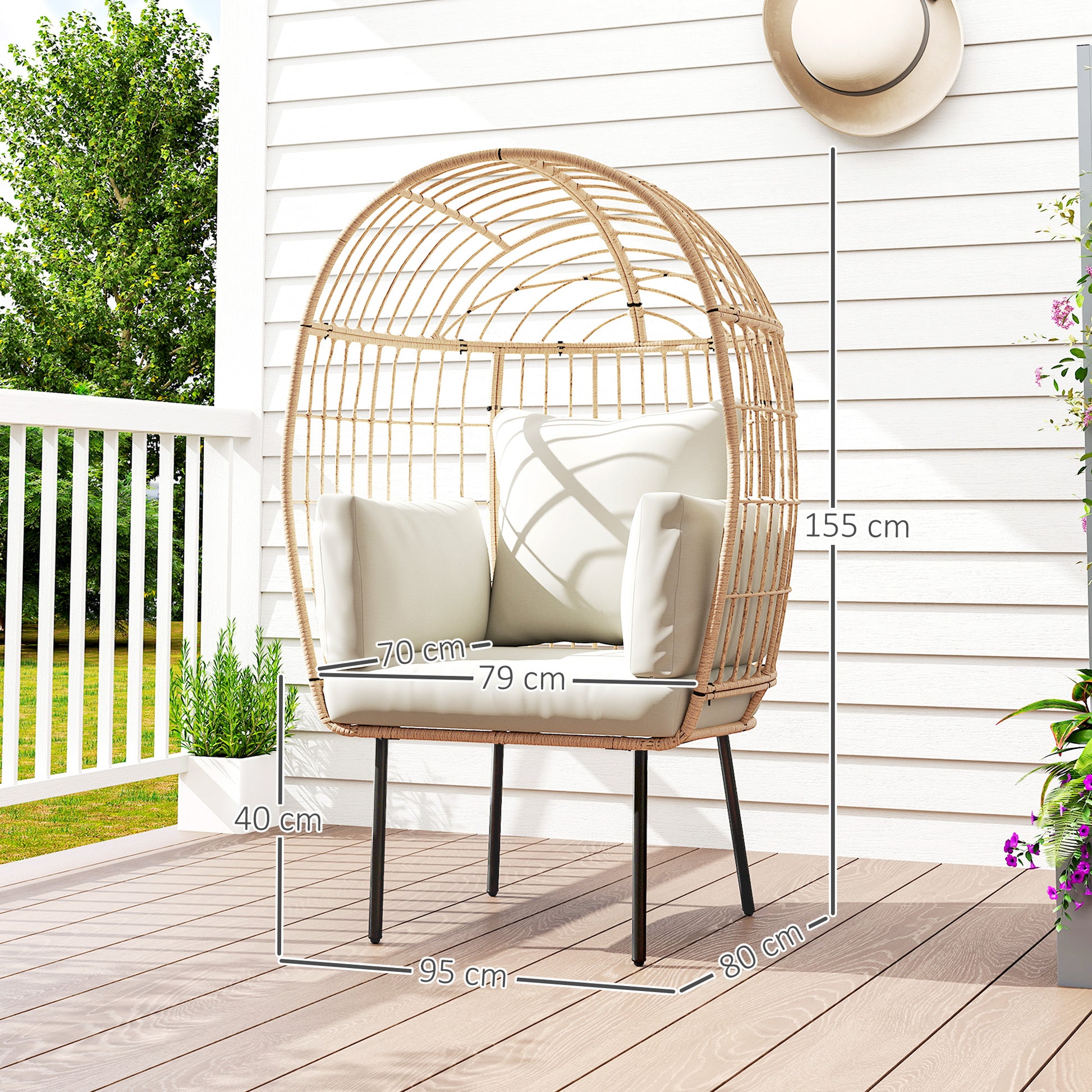 Rattan Chair Egg-Shaped with Removable Cushion, Upholstery, Oversized Outdoor Chair made of Rattan, Weatherproof Wicker Chair Garden Chair for Garden Balcony, Porch, Patio Beige